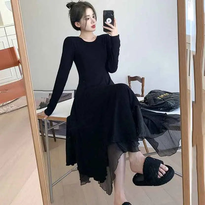 Territory Autumn Elegant Knit Midi Dress Women Korean Fashion Streetwear Mesh Patchwork Dress Harajuku Irregular O Neck Long Sleeve Dress