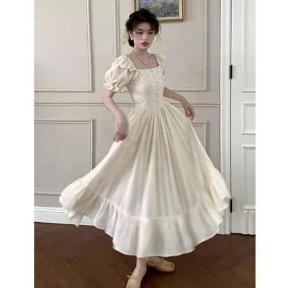 Territory Elegant Square Collar White Dress Summer Fashion Puff Sleeve Ruffle Dress for Women 2024 Chic Vintage Maxi Dresses 2024  New