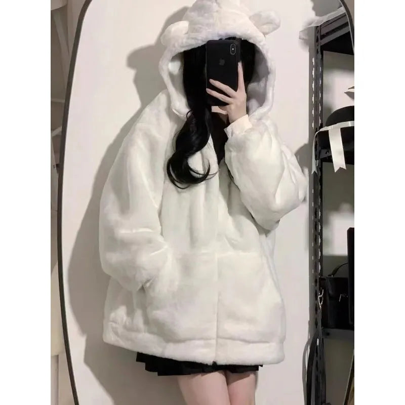 Territory  Women Zip Hoodie Thicken Fuzzy Fleece Sweatshirts Harajuku Bear Ear Oversize White Coats Cute Soft Winter Outerwear New