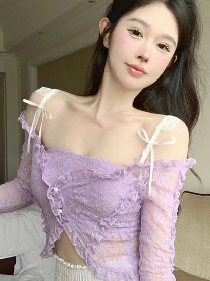 Territory Purple Backless Sexy Crop Tops Women Lace Korean Fashion Designer Slim Blouse Female Bow Button Elegant Sweet Tops New