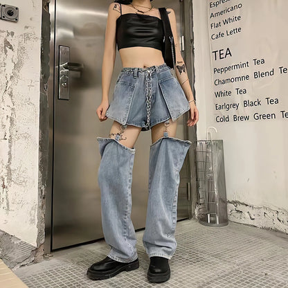 Territory Blue Jeans Women Korean Fashion Harajuku Y2k Streetwear High Waist Design Baggy Detachable Shorts Straight Wide Leg Black Pants