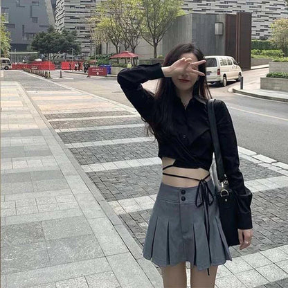 Territory Preppy Pleated Mini Skirts Korean High Waist A Line Skirts Student Summer College Sweet Button Slim Casual All Match Skirt