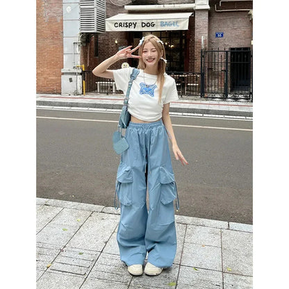 Territory Cargo Pants Women Y2K Oversized Sweatpants Streetwear Pockets Wide Leg Joggers Harajuku Korean Blue Baggy Casual Trousers