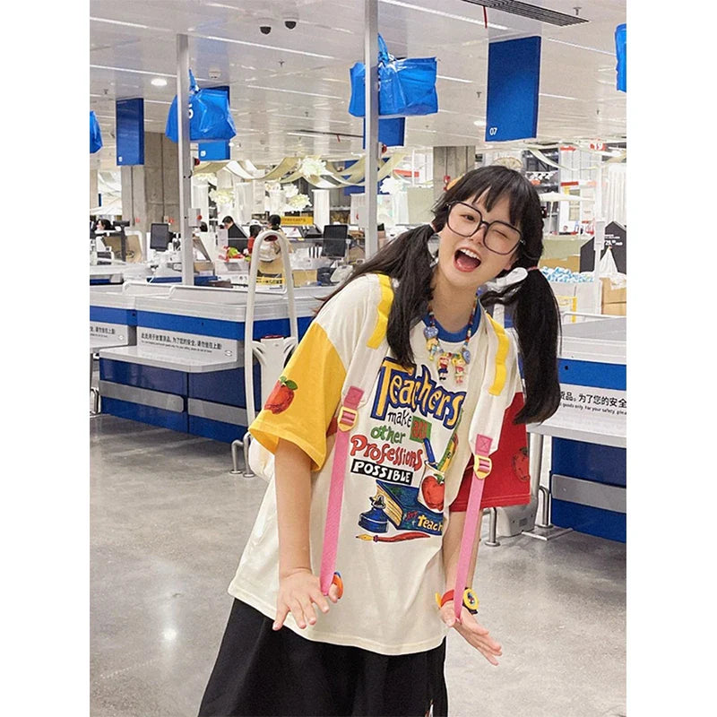 Territory Pure Cotton T Shirts Women Streetwear Y2K Oversized Funny Print Tops Harajuku Grunge Aesthetic Patchwork Graphic Tees New