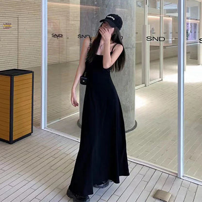 Territory Black Stap Long Dress Women Streetwear Sleeveless A Line Dresses Y2K Korean Slim Sundress Summer Elegant Casual Vestidos