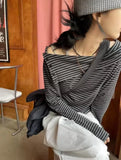 Territory Black Gray Contrast Striped Tee Shirt Autumn New Lapel Neck Off Shoulder T-shirts Y2k Grunge Long Sleeve Tops Graphic T Shirts