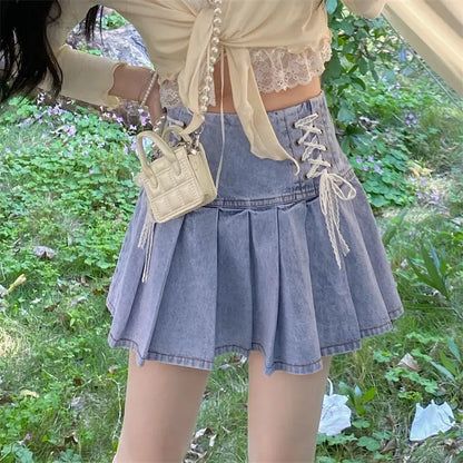 Territory Black Denim Pleated Skirt Korean Fashion Women Bandage High Waist A-line Cute Sexy Cargo Jean Mini  Summer Y2k Girl