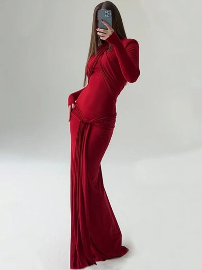 Territory Elegant Women's Bandage Long Dress Ladies Sexy O-neck Halter Tie Knot High Waist Tunics Bodycon Party Evening Dresses Red Black