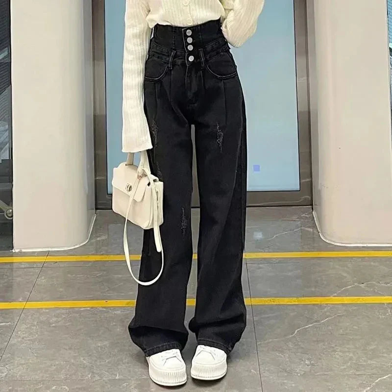 Territory High Waist Women Wide Leg Jeans Autumn Winter Black Gray Breasted Loose All Match Straight Trousers Y2K Streetwear Denim Pants