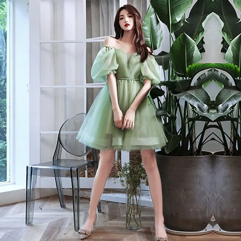 Territory Green Sweat Puff Sleeve Lady Girl Women Princess Bridesmaid Banquet Party Ball Prom Short Dress Gown Sexy Bandeau Backless Club