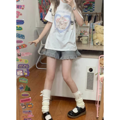 Territory Japanese Style Cat Print White T-shirts Women Sweet Kawaii Cute Short Sleeve Tees Harajuku Fashion Oversized Loose Tops