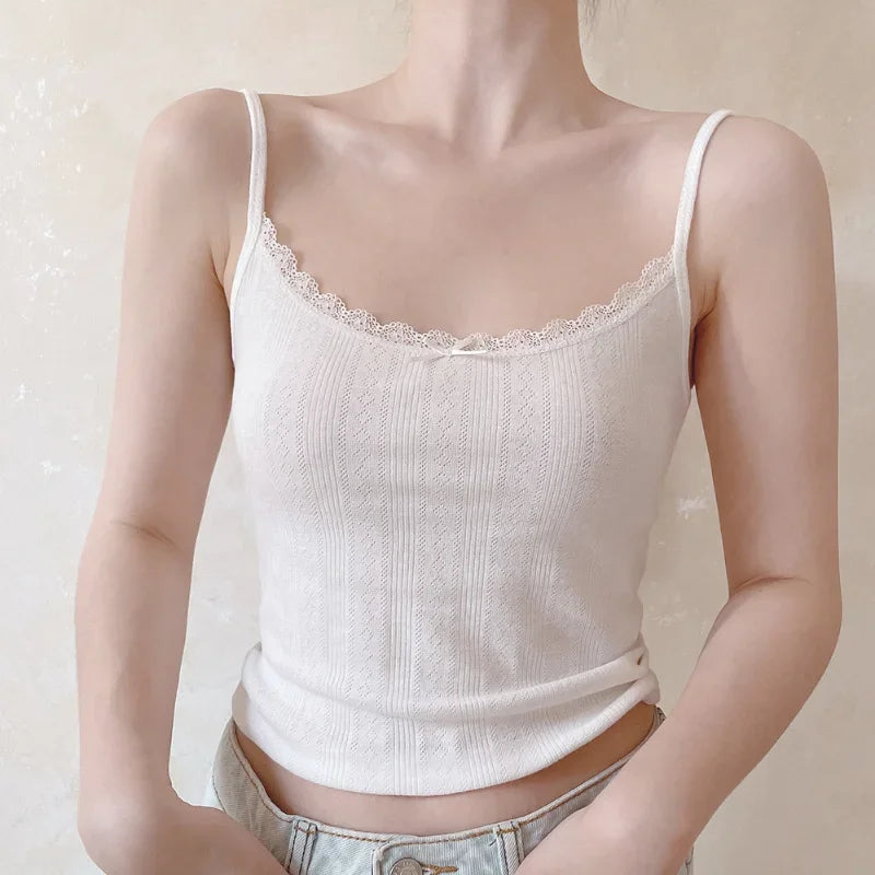 Territory Cute Camis Cotton Crop Top Women Summer Lace Trim Bow Tops for Sweet Girl Kawaii Clothes