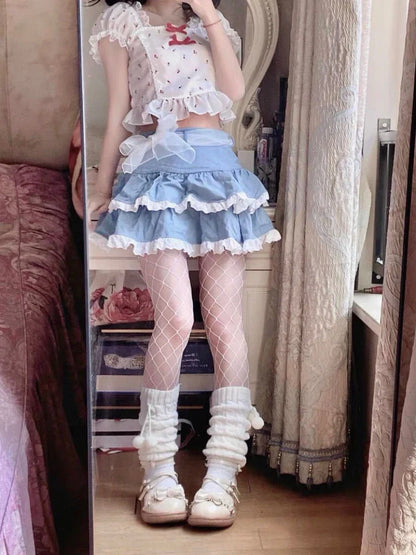 Territory Japanese Sweet Y2k Skirts Ruffles Lace Patchwork Bandage Design Denim Mini Skirt Summer Korean All Match Kawaii Girl Clothing