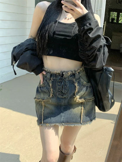 Territory American Vintage Denim Skirts for Women Bandage Raw Edge Pockets Design High Waist Mini Skirt Summer Y2k Gyaru 2024 New Clothing