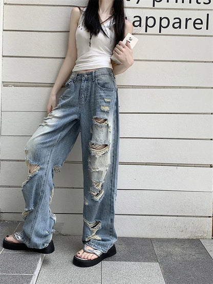 Territory Hollow Out Ripped Jeans Casual Loose Mid-Waisted Wide Leg Pants Women 2024 Autumn Spring Fashion Streetwear