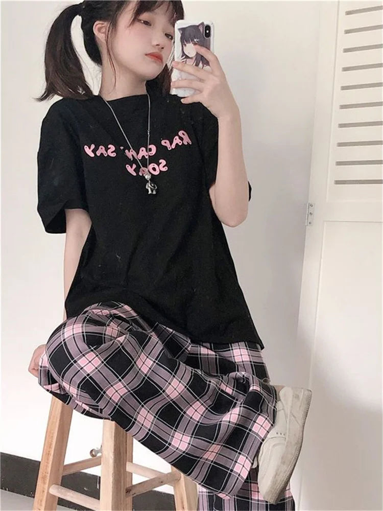 Territory Harajuku Pink Plaid Pants Women Japanese Y2K Cute Checked Trousers Oversized Korean Fashion Basic Wide Leg Sweatpants