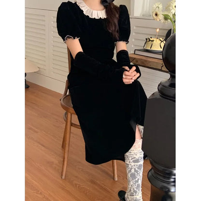 Territory Korean Retro Velvet Elegant Puff Sleeve Dress Women 2024 Spring New O-neck Contrast Color Patchwork A-line Dress with Sleeves