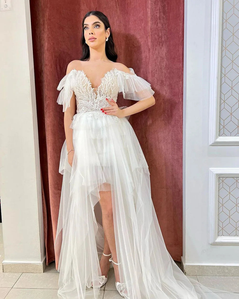 Territory Ivory Evening Dresses Lace Appliques Off The Shoulder Wedding Party Leg Slit A-line Formal Dresses Bridal Gowns