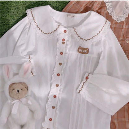 Territory Japanese Soft Girl Sweet Lolita Blouses Cute Bear Embroidery Doll Collar Shirts Women Preppy Style Loose White Long Sleeve Tops