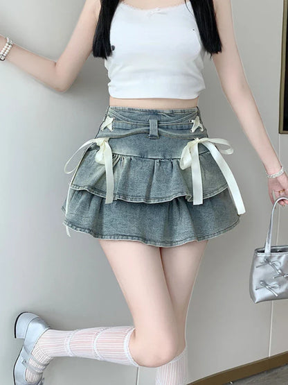 Territory American Gyaru Denim Skirts Bandage Ruffles Patchwork High Waist Summer Skirt Female Slim Y2k Harajuku Vintage Women's Clothing