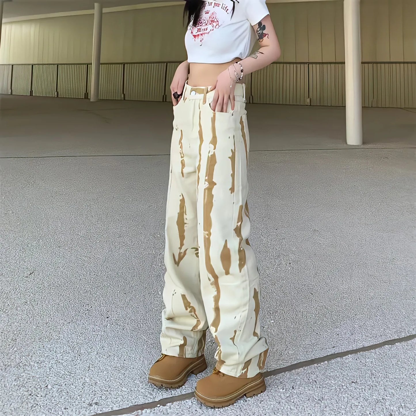 Territory Baggy Y2k  Jeans Women High Waist Straight Wide Leg Yellow Pants Streetwear Korean Fashion Harajuku Graffiti Tie Dye Trousers