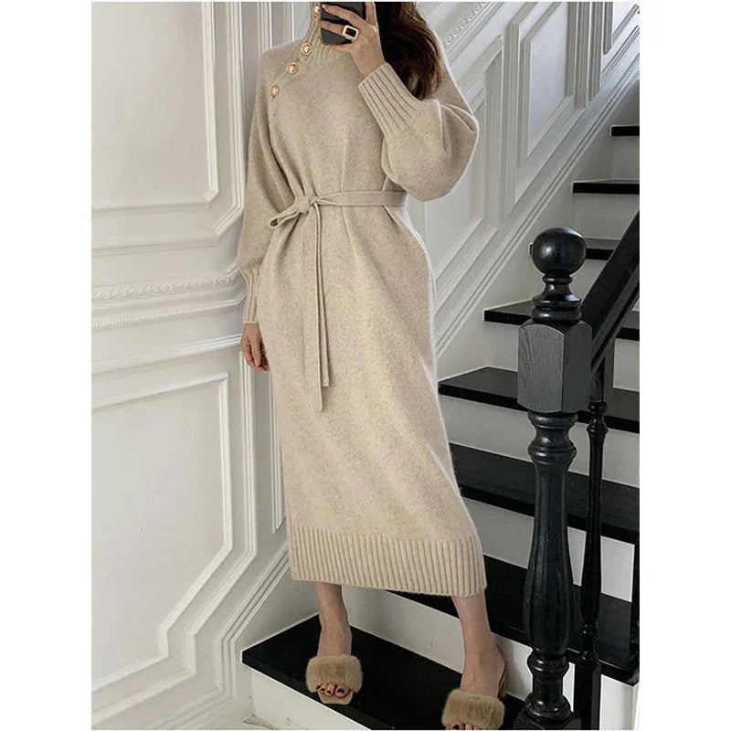 Territory Elegant Knitted Midi Dress Women Vintage Turtleneck Sweater One Piece Dresses Winter Korean Black Lace Up Chic Vestidos