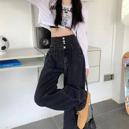 Territory High Waist Women Wide Leg Jeans Autumn Winter Black Gray Breasted Loose All Match Straight Trousers Y2K Streetwear Denim Pants