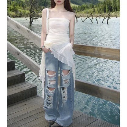 Territory 2024 Spring New Streetwear Pleated Sexy Slim Asymmetrical Mesh Party Dress Women + Hollow Ripped Casual Jeans Two-Piece Suit