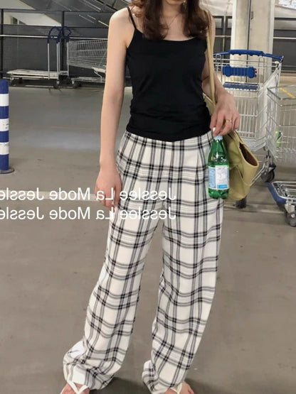 Territory Harajuku Plaid Pants Women Casual Wide Vintage Korean Style White Checked Trouser Thin Home Pants Chic Female Streetwear