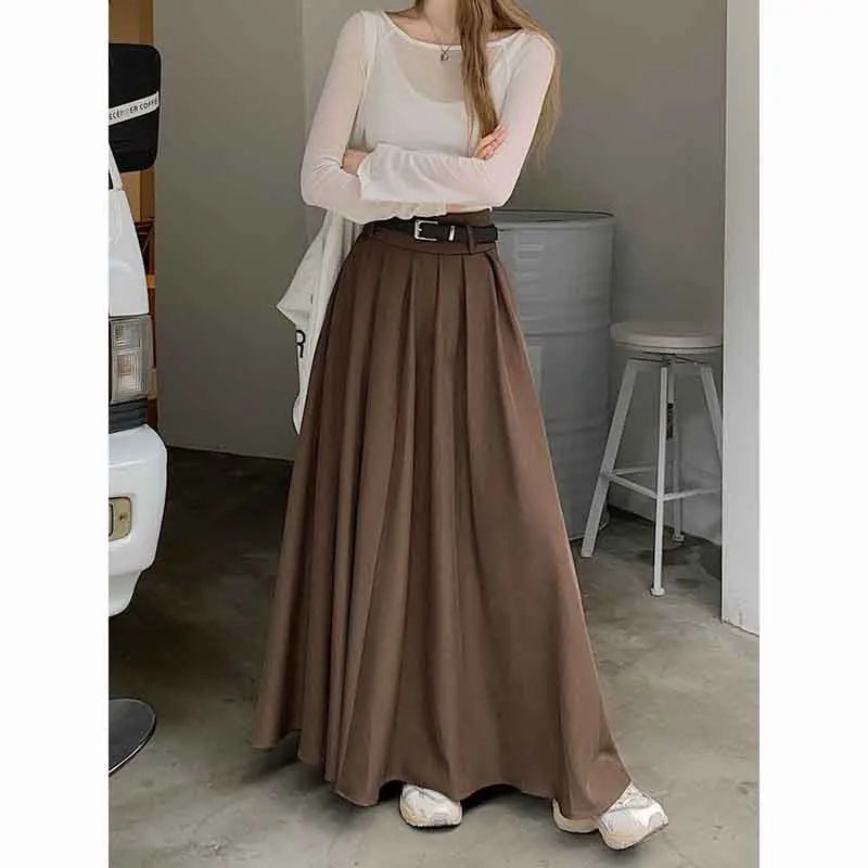 Territory Elegant Belt Ankle Length Skirts Women Autumn Korean High Waist Solid A Line Skirts Fashion Chic All Match Pleated Long Skirts