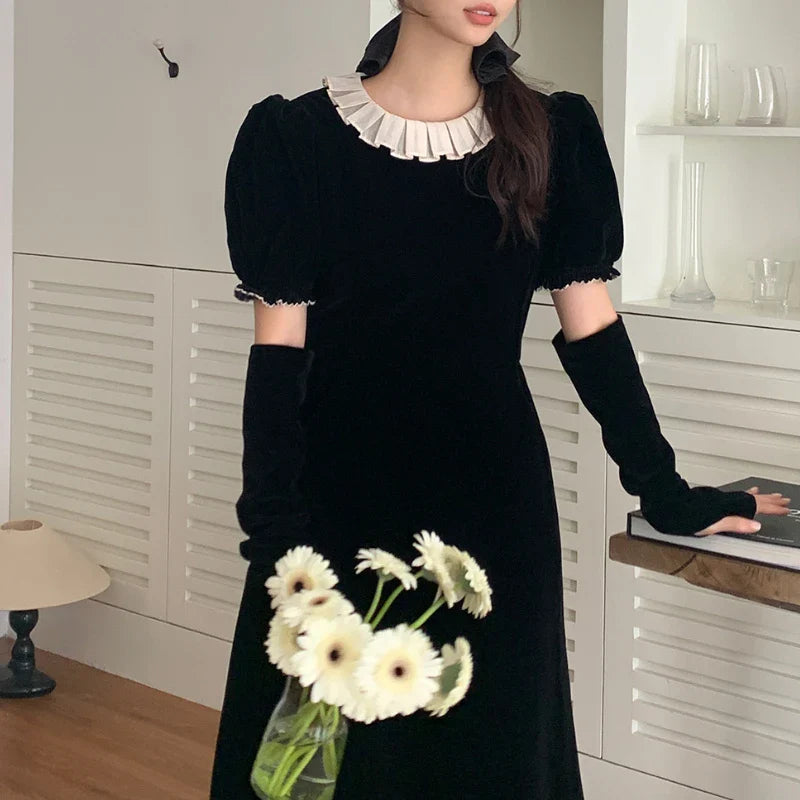 Territory Korean Retro Velvet Elegant Puff Sleeve Dress Women 2024 Spring New O-neck Contrast Color Patchwork A-line Dress with Sleeves