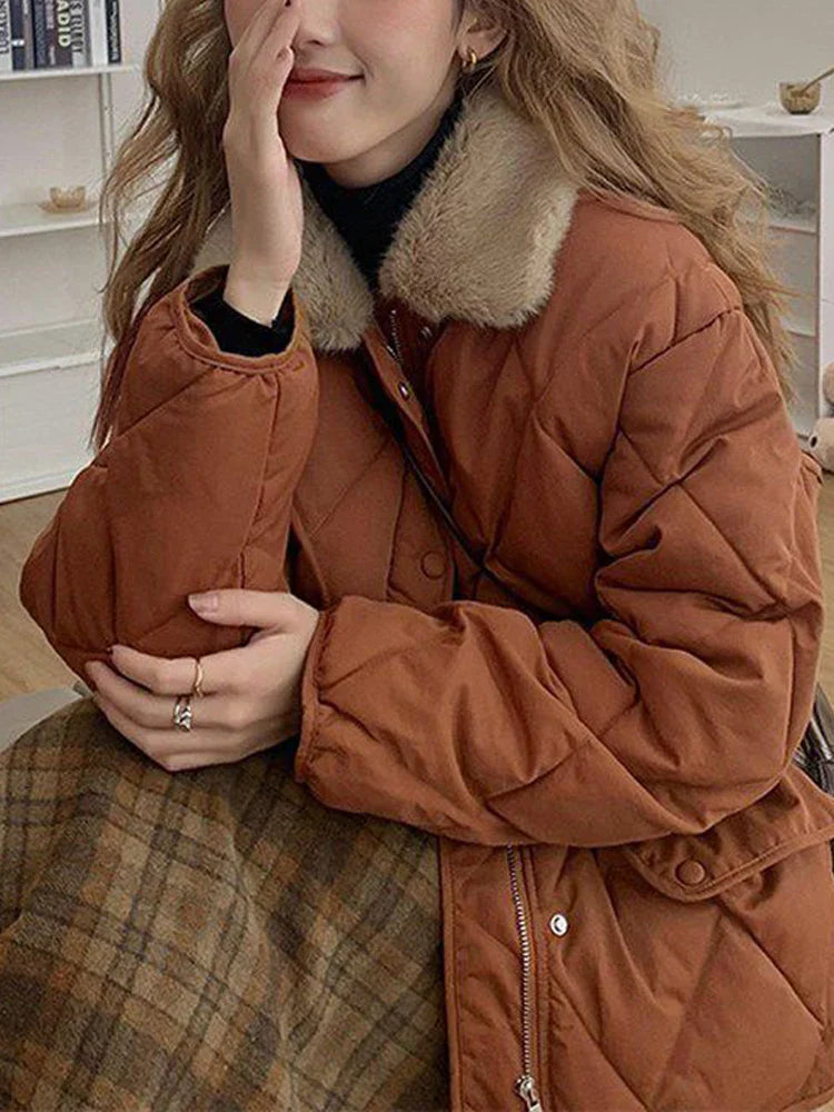 Territory Argyle Padding Coat Women Autumn Winter Warm Parkas Female Korean Fashion Down Jacket Ladies Casual Loose Patchwork Fluffy Coats