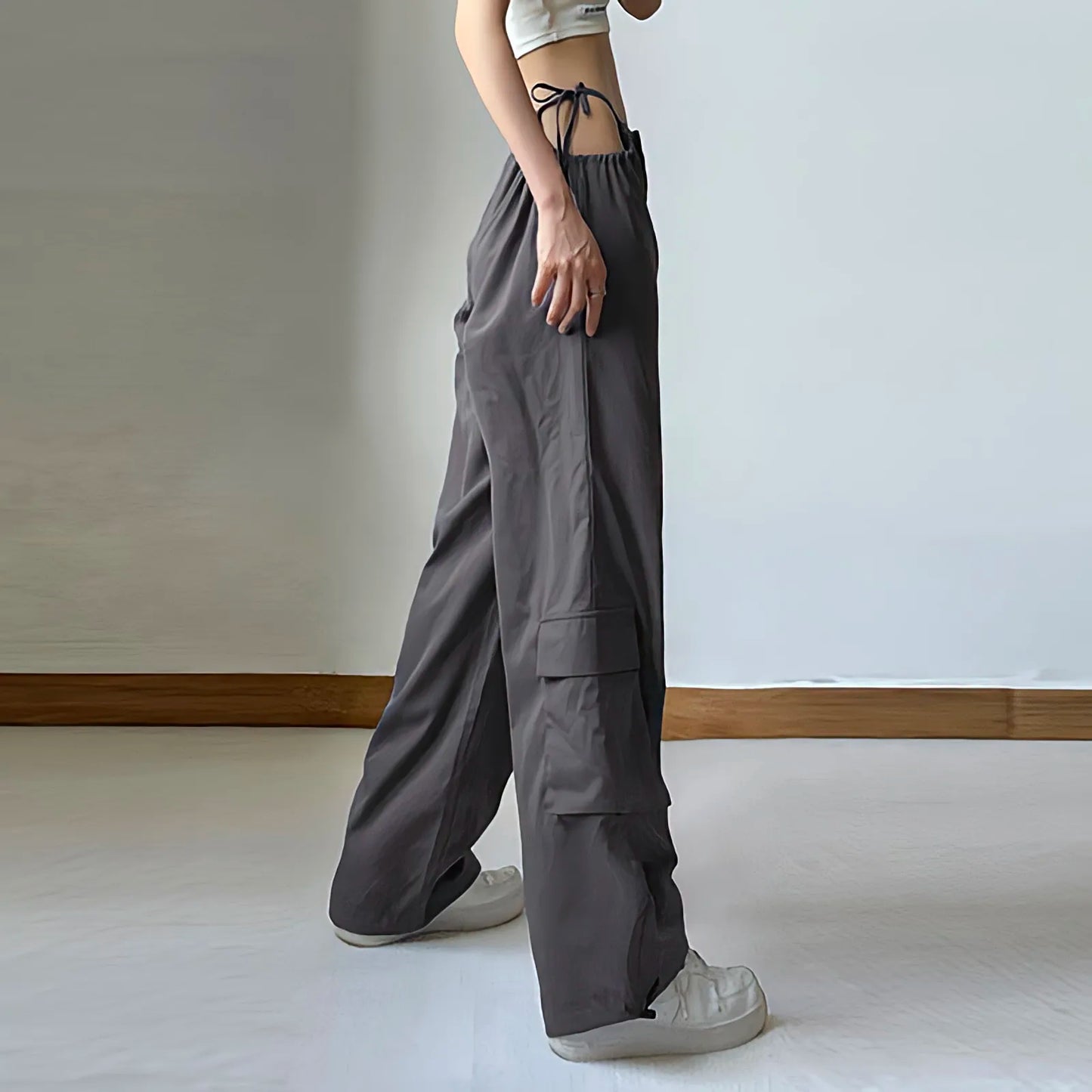 Territory Grey Cargo Pants Woman American Style Summer Drawstring The Pocket Casual Trousers Design Sense Streetwear Wide Leg Sweatpants