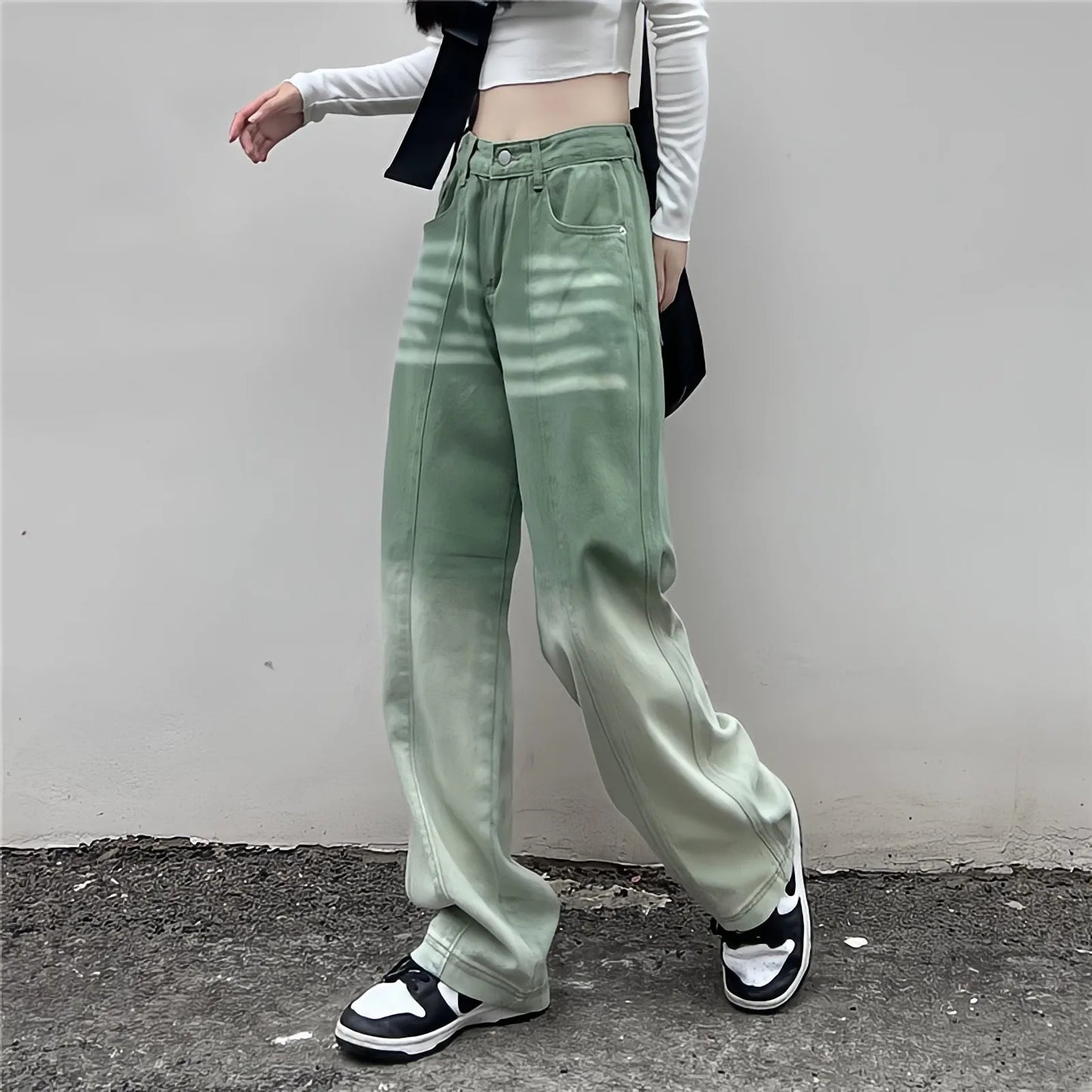 Territory Contrasting Green Pants High Waist Straight Wide Leg Baggy Jeans Harajuku Fashion Vintage Y2k Streetwear Women Casual Trousers