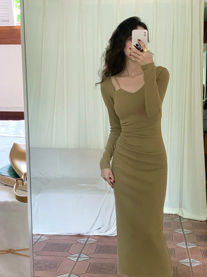 Territory French Vintage Chain Square Neck Long Sleeves Midi Dresses for Women Autumn New Sexy Bodycon Evening Party Female Clothing