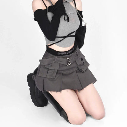 Territory Punk Gothic Y2k Clothes Fake Two Piece Pockets Patchwork Pleated Mini Skirts Harajuku Streetwear Summer Female Slim Women Skirt