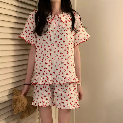 Territory Cotton Sleepwear Korean Pajamas for Women Summer 2024 Pijama Cherry Print Pyjamas Female Set Woman 2 Piece Cute Loungewear