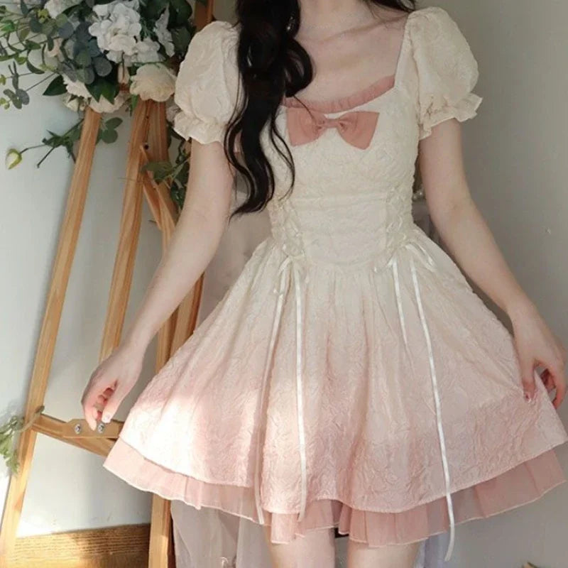 Territory Bubble Sleeve Kawaii Lolita Mini Dress Women Pink Bow Princess Sweet Party Cute Dress A-Line Elegant Fairy Dress 2024 Spring New