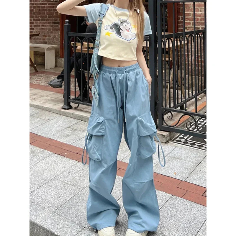 Territory Cargo Pants Women Y2K Oversized Sweatpants Streetwear Pockets Wide Leg Joggers Harajuku Korean Blue Baggy Casual Trousers