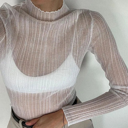 Territory See Through Knitted T-Shirts Women Autumn White Long Sleeve Mock Neck Tops Femme Elegant High Street Slim Tops Tee