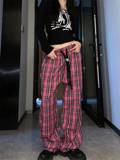 Territory Harajuku Pink Plaid Pants Women Cyber Y2K Egirl Wide Leg Checked Trousers Female Oversize Streetwear Edgy Style Sweatpants