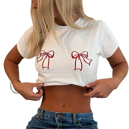 Territory Bow Embroidered White Graphic Tee Y2k Summer Tshrit Woman Short Sleeve Crop Top Women Trending Clothing