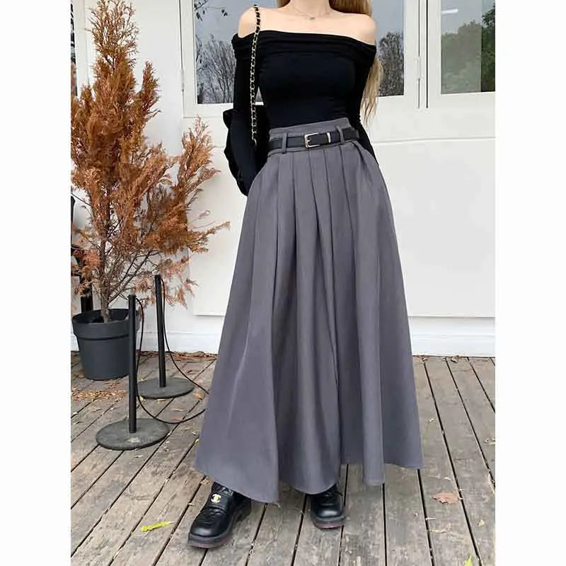 Territory Elegant Belt Ankle Length Skirts Women Autumn Korean High Waist Solid A Line Skirts Fashion Chic All Match Pleated Long Skirts