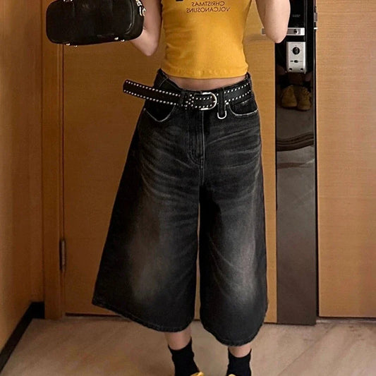 Territory American Street Straight Calf-Length Pants Y2k Vintage Black Washed Denim Shorts 2024 New High Waist Wide Leg Jeans Women