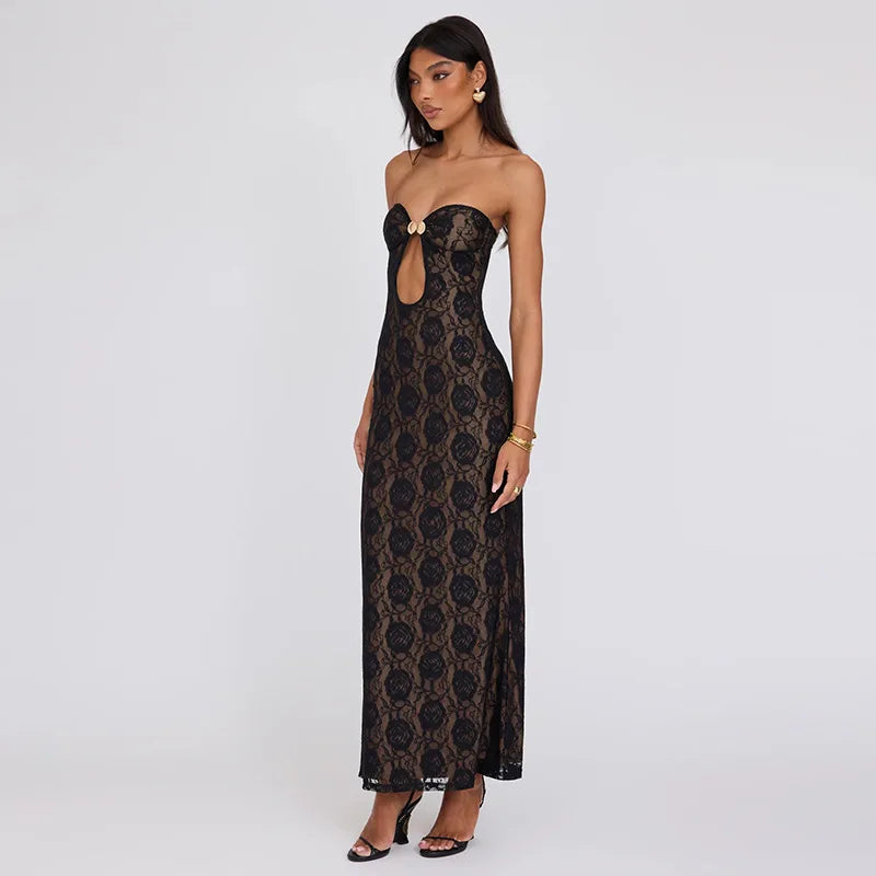 Territory Hollow Out Lace Sexy Maxi Dresses For Women Off-shoulder Strapless Outfits Backless Bodycon Y2K Sexy Party Long Dress