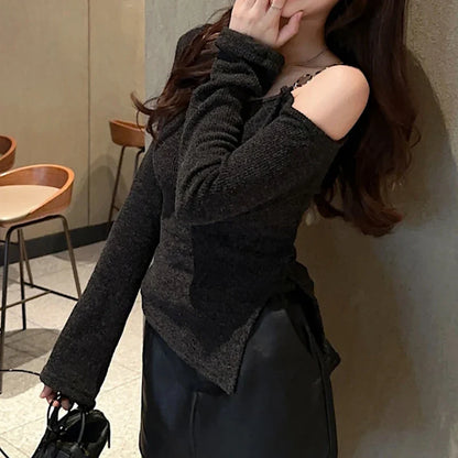 Territory Korean Strapless Chain Sexy Knitted Long-sleeved T-shirt Women 2024 Spring New High Street Fashion All Match Asymmetric Tops