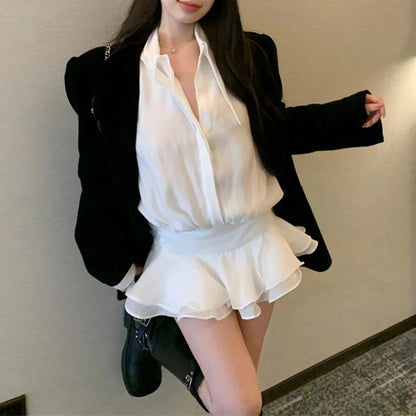 Territory Polo Collar Single-breasted Sexy Slim Long-sleeved Dress Women 2024 Spring New Korean Ruffles Solid Color Casual Mini Dress