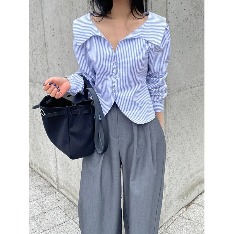 Territory Elegant Striped Shirts Women Korean White Long Sleeve Blouses Office Ladies Fashion Design Turn Down Collar Chic Tops New