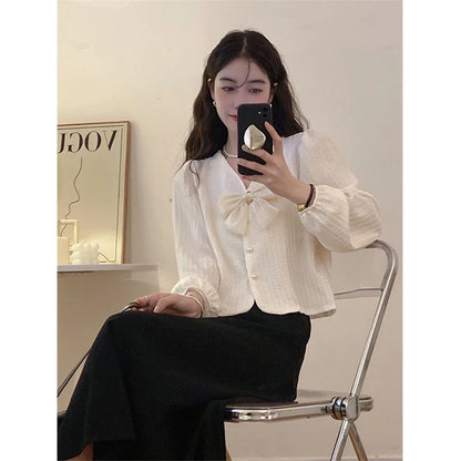 Territory S-3Xl Elegant Bow Shirts Women Sweet Pink Puff Long Sleeve Blouses Korean Fashion White V Neck Pearl Buttons Crop Tops New