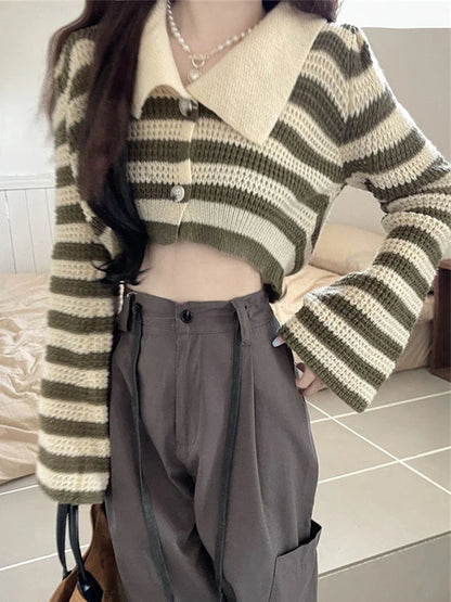 Territory Sexy Cropped Striped Cardigan Women Fashion Flare Sleeve Loose Knitted Sweaters Casual Autumn Korean Lazy Wind Lady Outwear